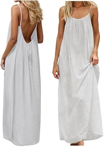 Image of Women Backless Cami Dresses Cami Lounge Dress Backless Solid Color Sleeveless House Dress Long Sundress with Back Tie Ladies Casual Maxi Loose Fit Beach Dresses Summer Holiday Tunic Sundress S-5XL