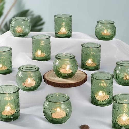 Image of Ligtmor 24 Pcs Green Votive Sunflower Embossed Glass Holder -Assorted Boho Tea Light Holders -for Outdoor,Christmas,Baby Shower,Fall Wedding,Bridal Shower Tea Party Decorations (24, Green)