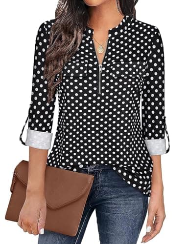 Image of Gemulate Ladies Tops Black White Dot Shirt for Women Zip Up Plaid Tunic Blouse 3 Quarter Sleeve Shirt for Women Floral Printed Shirts Long Tops to Wear with Leggings - Black White Dot, L