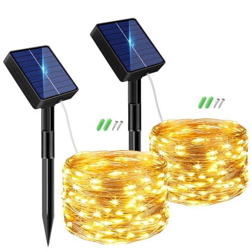 Image of btfarm 2 Pack Solar String Lights Outdoor Garden, Total 12M 120 LED Fairy Lights Solar Powered 8 Modes, Copper Wire Solar Lights for Decorating Garden, Yard, Tree, Christmas, Warm White