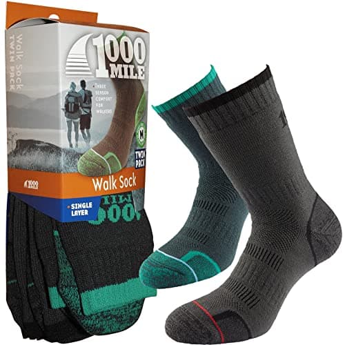 Image of 1000 Mile Walking 3 Season Outdoor Hiking Single Layer Mens Womens Unisex Socks | Twin Pack (2 Pair Per Pack) (X-Large UK12-14, Emerald/Charcoal)