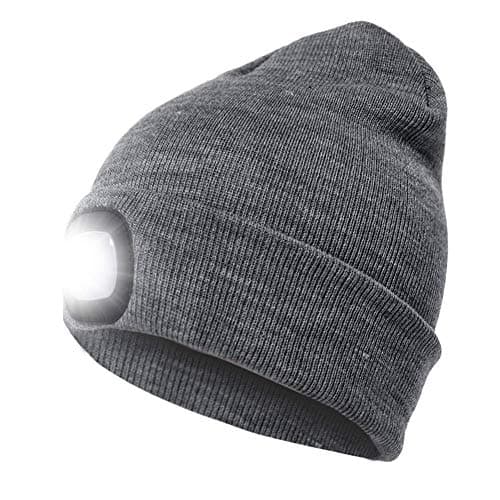 Image of RFWIN LED Beanie Hat, Bright Rechargeable Headlamp Cap, Unisex Lighted Winter Knit Hat for Hunting, Camping, Grilling, Running, Walking Grey