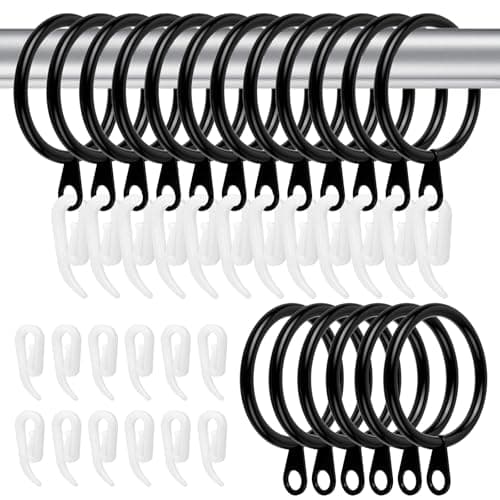 Image of 24 Pack Curtain Rings and Hooks, 30mm Metal Drapery Hanging Rings & 24pcs Curtain Hooks Plastic White for Curtains and Rods, Drape Sliding Eyelet Rings(Black, 24 Pack)