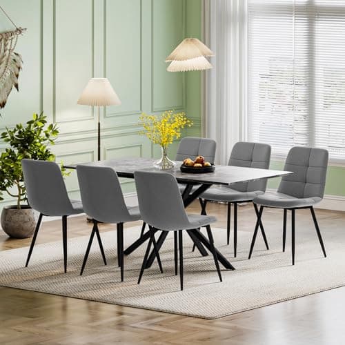 Image of Luxstein Extendable Dining Table and Chairs Set 6, 120-160cm Concrete Effect Table with 6 Grey Upholstered Linen Chairs for Dining Room, Kitchen