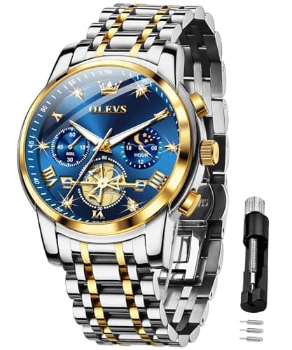 Image of OLEVS Men Skeleton Watches Stainless Steel Analog Quartz Moon Phase Male Diamond Multi Calendar Chronograph Waterproof Wrist Watch for Men