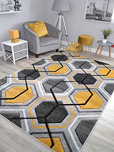 Image of New Hand Carved Ochre Gold Grey Mustard Black Silver Small Extra Large Size House Rugs Cheap (Ochre Grey Hexagon, 120cm x 170cm)