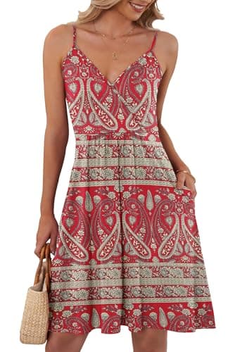 Image of AUSELILY Womens Summer Dress V Neck Spaghetti Strap Dress Casual Beach Dresses for Women UK with Pockets Boho Floral Red M