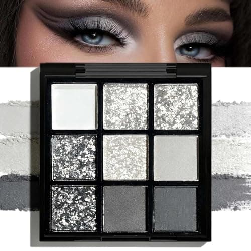 Image of Long Lasting Black Eyeshadow Palette with Silver Glitter, Waterproof Matte White and Grey Shades, Goth Makeup for Women and Girls