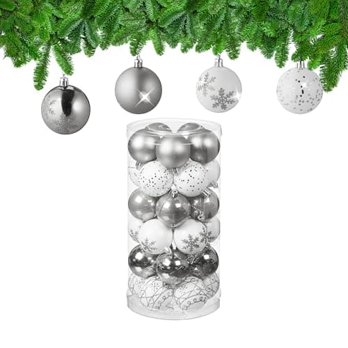 Image of Relaxdays Christmas Baubles Set of 30, Plastic, D: 6 cm, Round, Shatterproof, Tree Decorations, Patterns, Silver/White