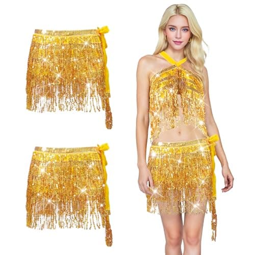 Image of Baisdan 2 Pack Sequin Tassel Skirt for Women Girls - Sparkly Sequin Skirts Festival Outfit, Carnival Costumes (Waist/Bust Under 31.5") Gold