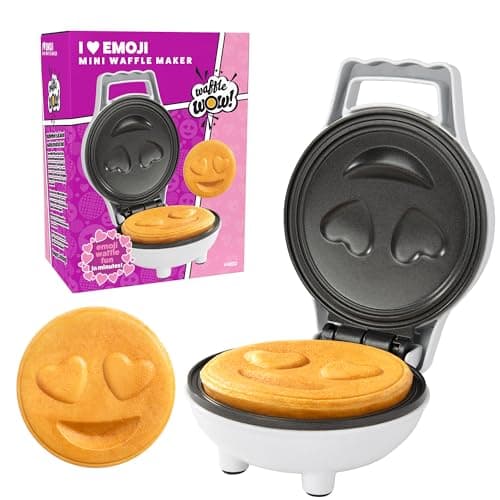 Image of Heart Eyes Emoji Mini Waffle Maker - Make Breakfast Special w Cute Personal-Sized 4" Smiley Face Pancakes- Electric, NonStick Baker Iron, Loving Treat for Her or for Kids- Officially Licensed by Emoji