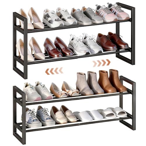 Image of IBUYKE 2 Pack Expandable Shoe Rack, 18"-33” Adjustable Shoe Organizer for Closet, Stackable Metal Free Standing Shoe Rack Storage for Small Space Entryway, Black TXJ002B-2