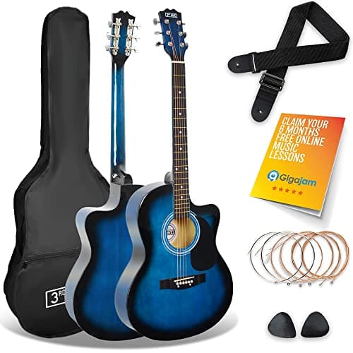 Image of 3rd Avenue Full Size 4/4 Cutaway Acoustic Guitar Pack Bundle for Beginners - 6 Months FREE Lessons, Bag, Strap, Picks and Spare Strings - Blue
