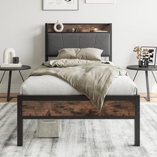 Image of BORPHOM 3ft Single Bed Frame with Storage Headboard,Heavy Duty Metal Upholstered Platform Bed Frame,Mattress Foundation/Strong Steel Slat Support/Under-bed Storage/Easy Assembly