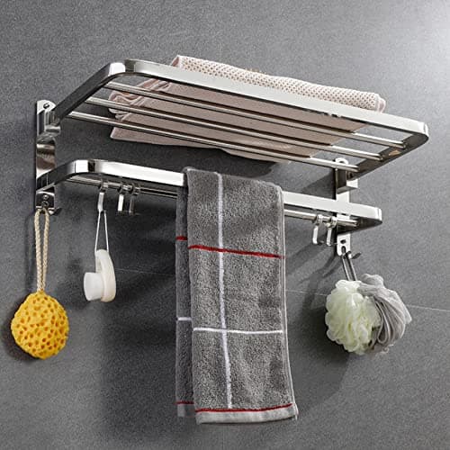 Image of yozhch Chrome Towel Rail for Bathroom, Wall Mounted Towel Rack Stainless Steel, Double Towel Rails with Shelf, Foldable Towel Holder with Hooks (15-Inch)