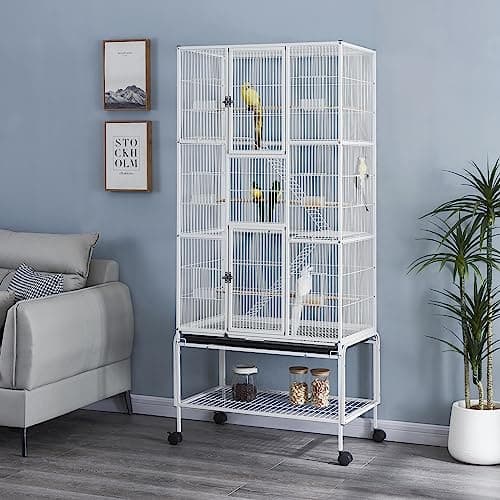 Image of Panana Large Bird Cages Parrot Cage Wide Flight Metal Animal Cage for Budgie Parakeet Conure With Rolling Stand Wheels (White, 77L x 46W x 175H)