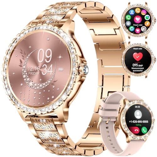 Image of LIGE Women's Smart Watch 1.32" HD Elegant Diamond Bluetooth Phone Calls for Android iOS Ladies Smartwatch Round Dial 100+ Sport Fitness Tracker, Heart Rate Sleep Monitor,2 Watch Straps,Rose Gold