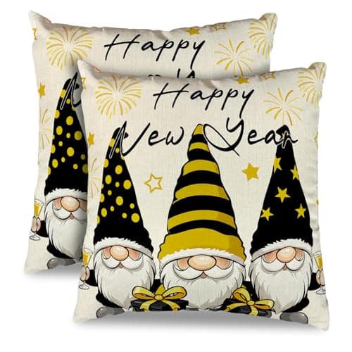 Image of kaiwern 2 Pack Happy New Year Gnome Pillow Covers 18x18 Inch, New Year Decorative Gnome Pillow Cover, Winter Holiday Home Decor Pillowcase for Home Living Room Couch Sofa Bedroom Decor (A)