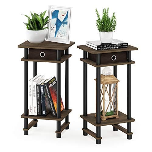 Image of Furinno TURN-N-TUBE Side Table Set of 2, 3-Tier End Table with Storage Bin, Open Shelf Night Stand, Bedside Table, for Living Room, Bedroom, Columbia Walnut