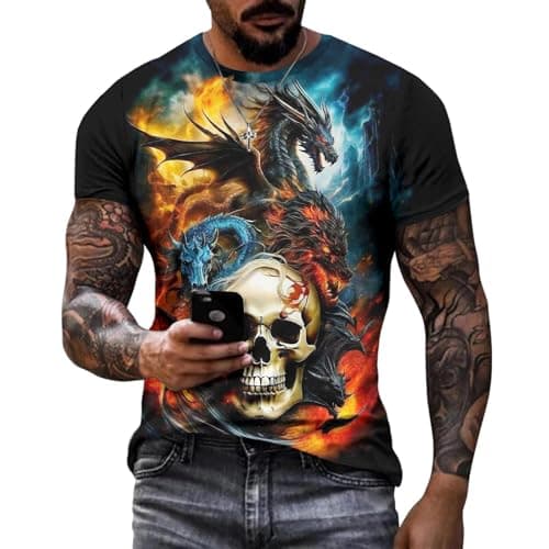 Image of Skull T Shirts for Men | Casual Spooky Dragon Skull Graphic Tees | Gothic Summer Clothes Loose Mythical Dragon Skeleton 4XL