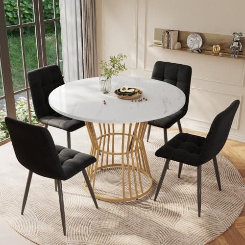 Image of Merax Round Dining Table with Sturdy Metal Leg, 100cm MDF Marble Top, Modern Breakfast Table for Kitchen, Dining Room, White/Gold