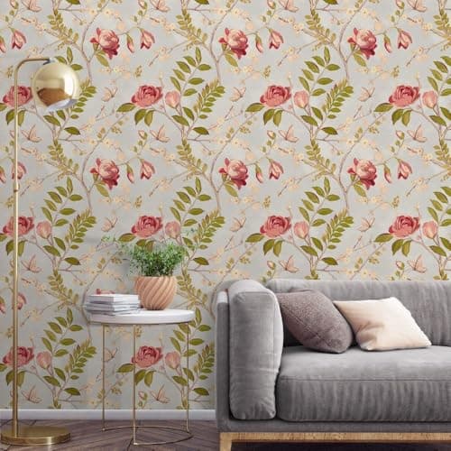 Image of SOPHIE LAURENCE Floral Red Green Wallpaper Trail Roll – Vintage Rose Design – Luxury Decorative Wallpaper for Bedroom, Living Room & Feature Walls Green Leaf (10m x 53cm)