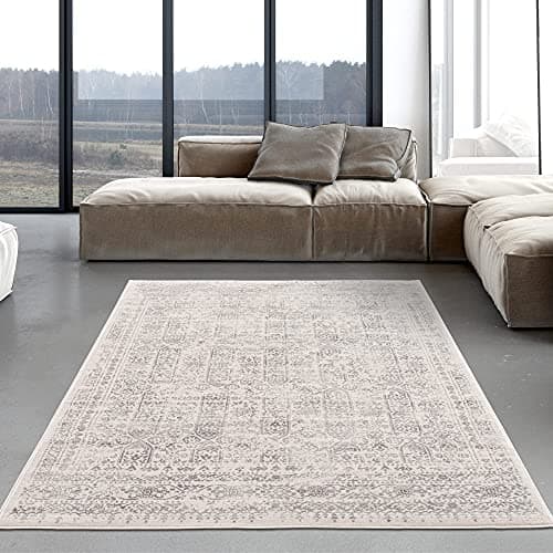 Image of THE RUGS AREA RUG LIVING ROOM BEDROOM LARGE SMALL VINTAGE SOFT SHORT PILE BORDERED CLASSIC ORIENTAL DESIGN TRADITIONAL MOROCCAN BOHO CARPET - SMALL 80X150 CM, CREAM VINTAGE DESIGN