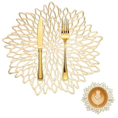 Image of Gold Placemats and Coaster Sets of 6, 38 cm PVC Dining Table Mats Washable Heat Resistant and Non-slip Plastic Round Table Place Mats For Kitchen, Wedding, Christmas, Party Table Decoration
