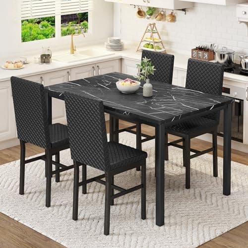 Image of HOOSENG Dining Table and Chairs Set 4, Faux Marble Tabletop with 4 Upholstered Velvet Chairs, Kitchen Table Set for Apartment, Black & Black