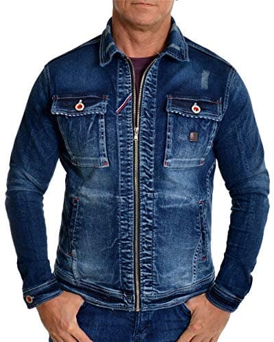 Image of D&R Fashion Men's Denim Jacket Large Metal Buttons Studs Distressed Dark Wash Fitted Stretchy M