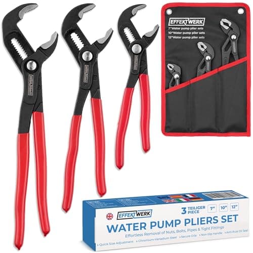 Image of EffektWerk - 3-Piece Water Pump Pliers Set - 180 mm, 250 mm, 300 mm - Non-Slip Plumbers Wrench, Tongue and Groove Pliers with Adjustable Jaws + Ergonomic Handles