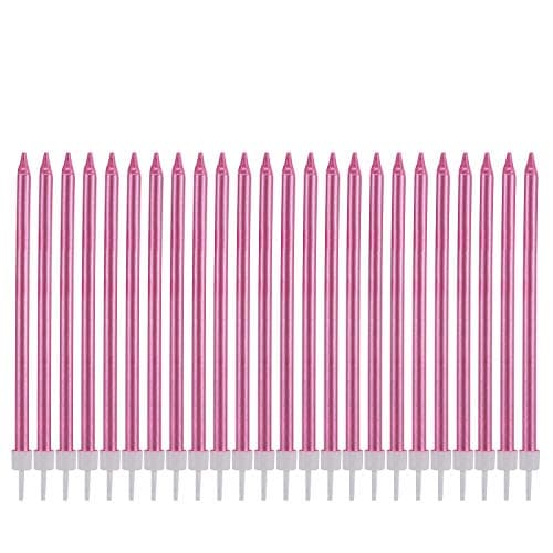 Image of Metallic Happy Birthday Candles Tall Birthday Cake Candles Holders Long Thin Cupcake Candles Topper for Wedding Party Decoration (24pcs Metallic Pink)