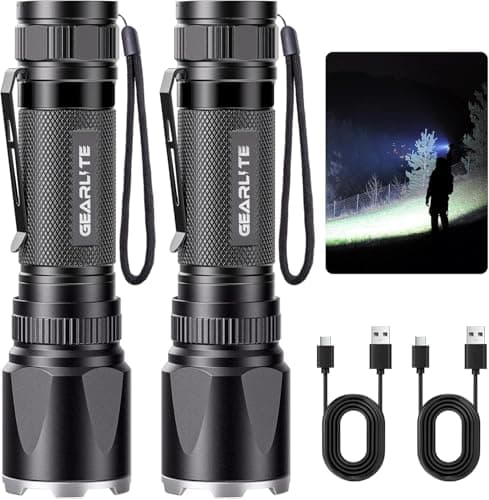 Image of GEARLITE LED Torch Rechargeable, 3500LM Torches LED Super Bright with Clip Adjustable Focus, 3 Lighting Modes Waterproof Small Torch for Power Cuts, Emergency, Camping, Hiking, Outdoor
