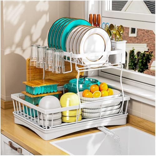 Image of StowBin 2 Tier Dish Drainer Rack for Kitchen Counter - Space-Saving Dish Rack with Utensil Holder, Large Capacity Dish Drying Rack with Draining Board, White