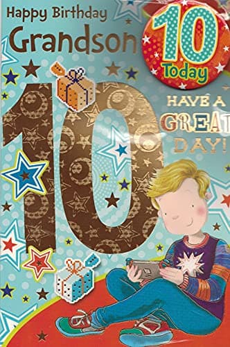 Image of Sensations/Xpress Yourself Birthday Card for Grandson Age 10 - Includes Badge and Envelope - Animated Gamer Boy Design on Blue Font, 22.8 x 15.3 cm