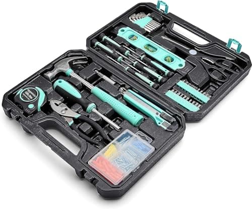 Image of Amazon Basics Tool Kit with Storage Case, 142-Piece Household Tool Set for DIY Projects and Home Repairs, Turquoise