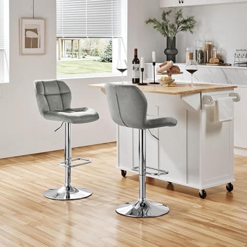 Image of Yaheetech Barstools Set of 2, Velvet Adjustable Counter Stools, Modern Breakfast Bar Stools, Swivel Barstools with Backrest for Home Kitchen, Bar, Restaurant, Light Grey