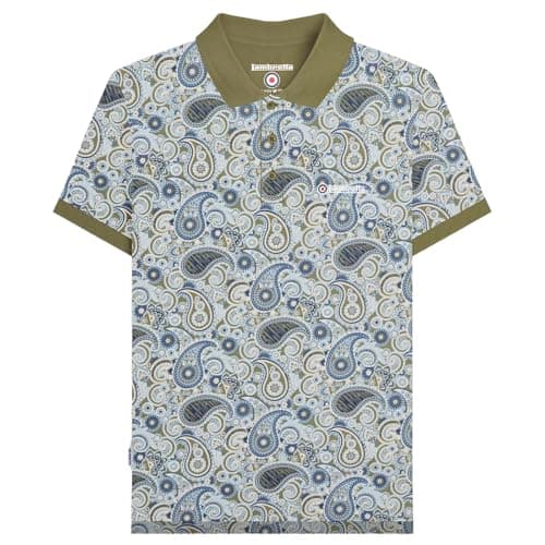 Image of Lambretta Mens Paisley Brand Three Button Polo Shirt - Khaki/Navy - S