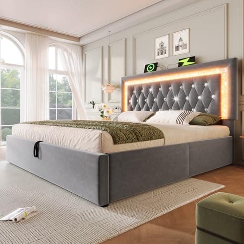 Image of LTGB 6ft Super King Size Upholstered Bed 180 x 200 cm, Velvet Hydraulic Storage Bed with LED Lights & USB Type-C Charging, Adjustable Diamond Tufted Headboard, Gray (No Mattress)
