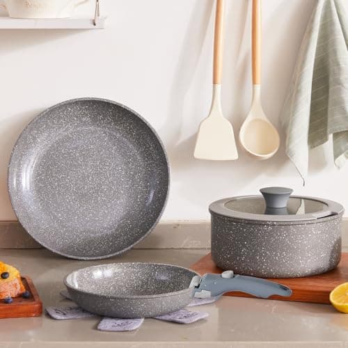 Image of Vkoocy Gray Non Stick Pot and Pan Set with Removable Handle, Ceramic Cookware Set Detachable Handle, 5pcs Induction Kitchen Camping Stackable Pots Pans, Dishwasher/Oven Safe, PTFE/PFAS/PFOA Free