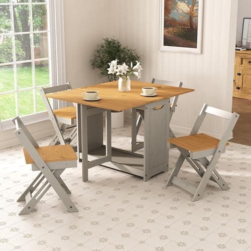 Image of Mews Corona Butterfly Grey Dining Set Santos 4 Seat Folding Drop Leaf Table with Chairs Solid Mexican Pine