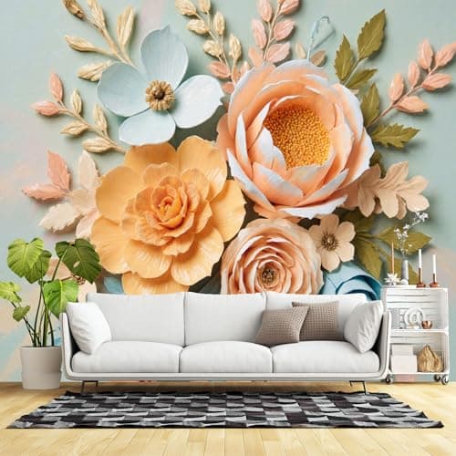 Image of Custom Size Wall Murals,Pastel Floral Bouquet Paper Art 3D Flowers Botanical Vintage Bloom Arrangement,SelfAdhesive Wall Fabric(NO PVC) Removable Large Wallpaper for Living Room