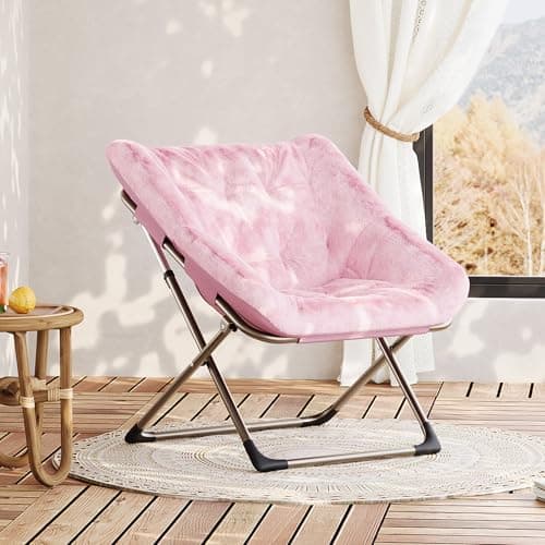 Image of CuteHairy 79cm Foldable Faux Fur Saucer Chair – Oversized Comfy Lounge Chair with Metal Frame for Bedroom, Living Room & Dorm Rooms, Flexible Seating for Kids & Adults – Pink