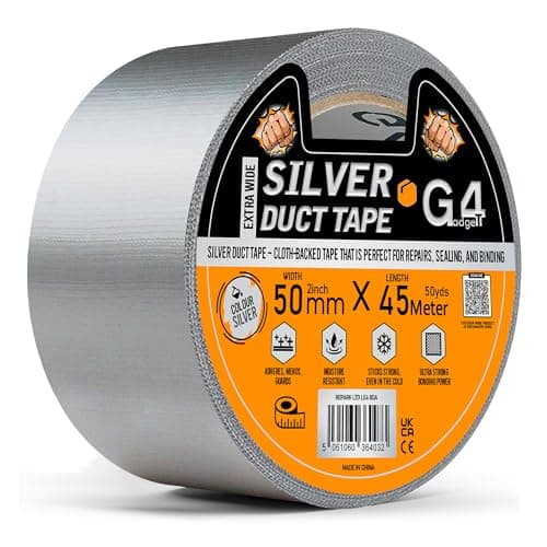 Image of G4GADGET Silver Duct Tape 50mm x 45m Heavy Duty | Weather Resistant Gaffa Tape | Extra Strong Adhesive Multi-Purpose Repair Tape | Industrial Grade for Sealing, Wrapping, Plumbing, and Outdoor Repairs