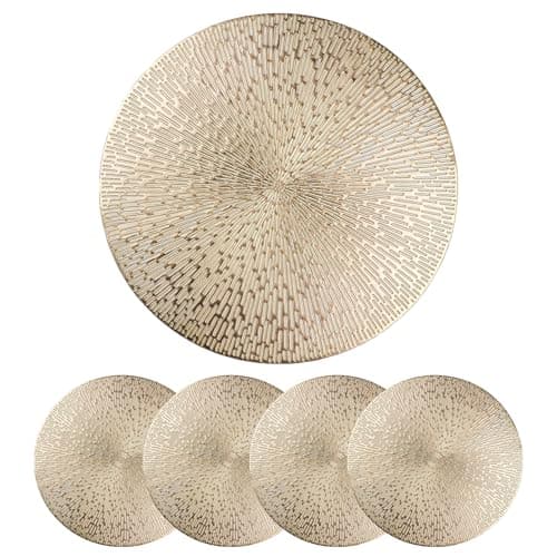 Image of D-buy Round Placemats Gold Metallic Set of 4 Vinyl Placemats 15 inch, Hollow Washable Easy Clean Wipeable Non-Slip Stain Heat Resistant Dinning Table Place Mats for Wedding Party Decoration