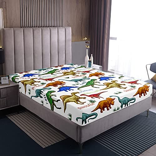 Image of Loussiesd Dinosaur World Fitted Sheet 100% Microfiber Breathable Junior/Toddler/Cot Only Bedsheet No Pillowcases Fitted Sheets Luxury Single Size(90 x 190+30cm)