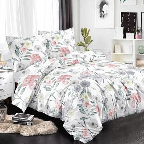 Image of Soifox Double Duvet Set Microfiber Double Bedding Set with 2 Pillowcases, Breathable Non Iron Reversible Pink Floral Patterned Duvet Double Cover Set with Zipper Closure, 3Pcs, 200x200cm