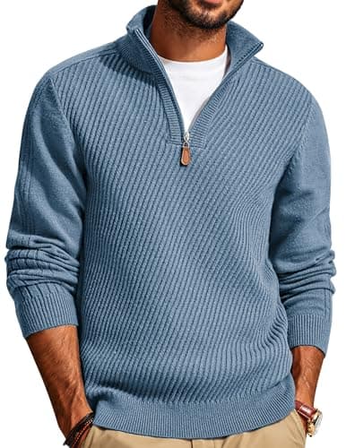Image of PJ PAUL JONES Men's Half Zip Jumper Roll Neck Sweater Long Sleeve Warm Mock Neck Pullover Autumn Winter Knitted Casual Tops, Blue-Gray, XXL