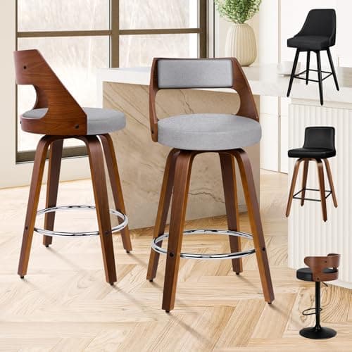 Image of ALFORDSON Bar Stools Set of 2, Thick Padded Barstools, Wooden Kitchen Chair with Backrest and Footrest, for Dining Room Pub Bar Countertop, 150KG Loads, Fabric Linen, Light Grey