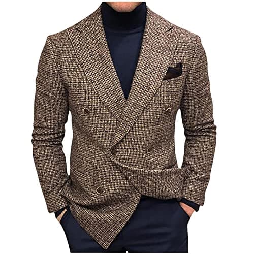 Image of Flodxo Suit Jackets for Men Regular Fit Tweed Jacket Casual Double Breasted Blazer Vintage formal Suit Jackets Regular Fit Long Sleeves Smart Suit Blazer for Wedding Business Brown XXL